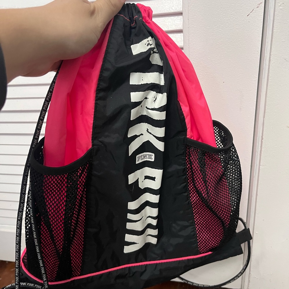 PINK Victoria's Secret Black and Pink Drawstring Bag
